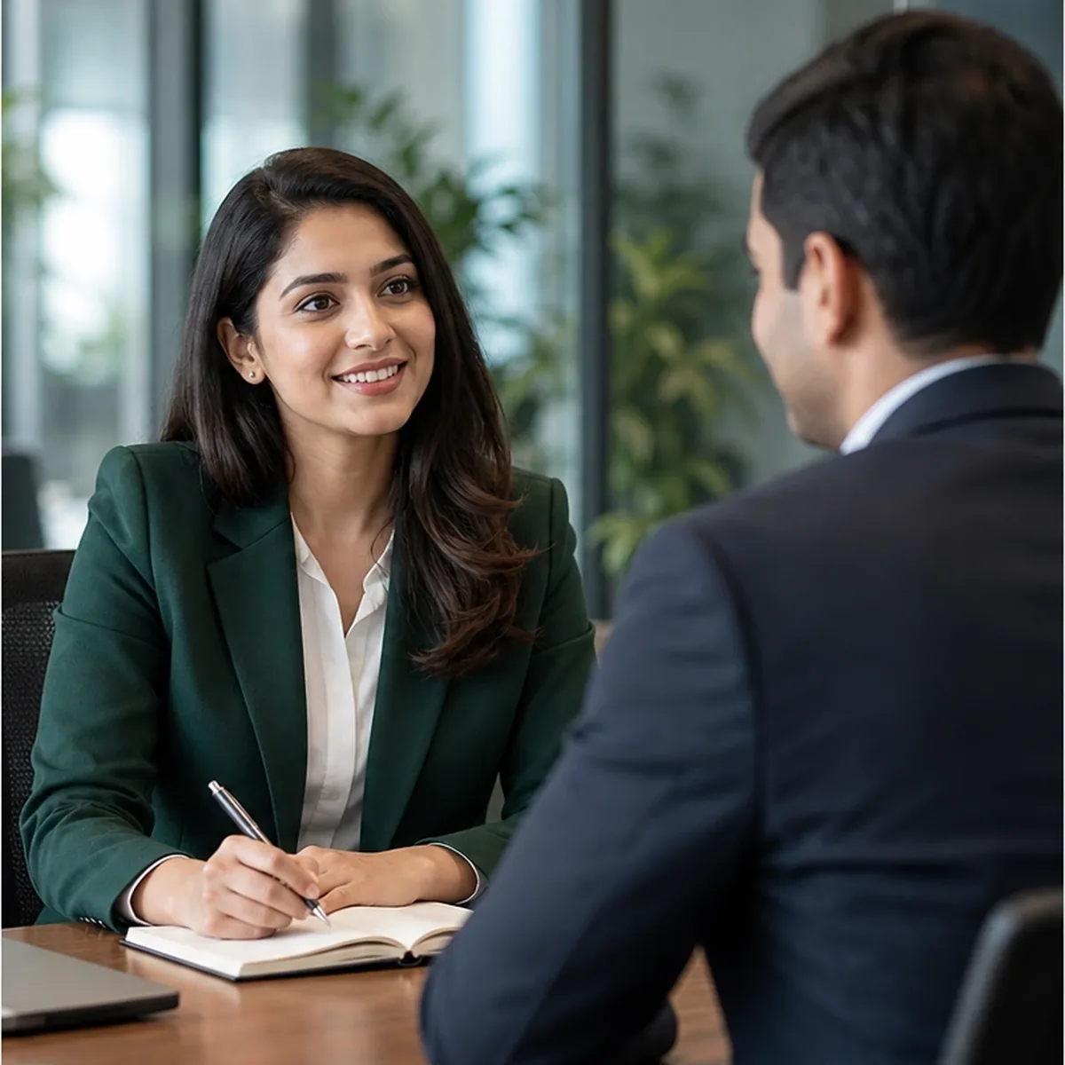 Mirashka HR consultant speaking with business owner while industry dashboard is visible